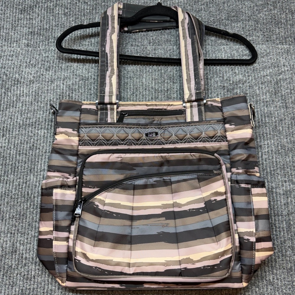 Lug Ace Tote Bag Brown Gray Striped Insulated Pocket Quilted Detail Womens